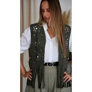 Chaqueta Sin Manga con Flecos Verde