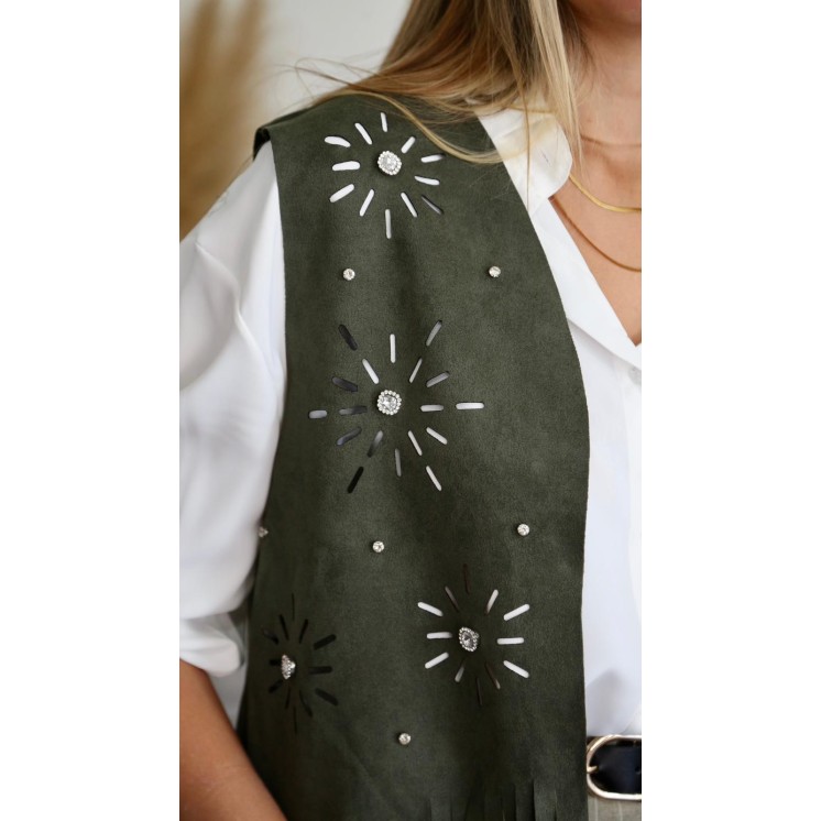 Chaqueta Sin Manga con Flecos Verde