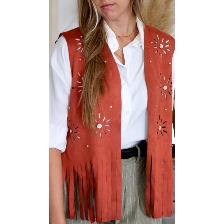 Chaqueta sin Manga con Flecos Teja