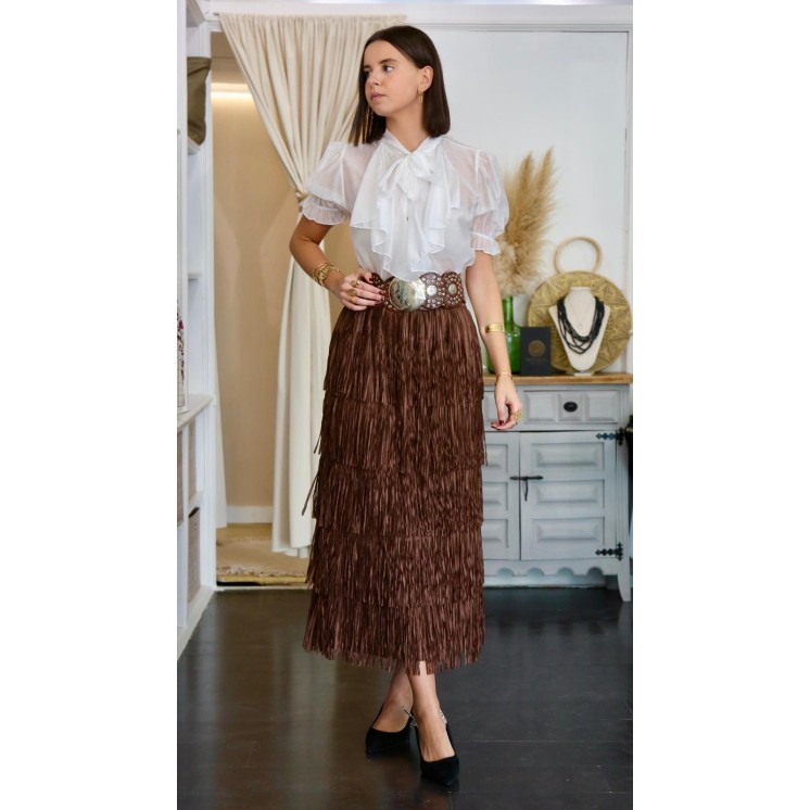 Falda Marrón Con Flecos